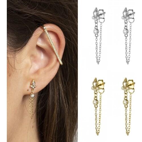 ISUEVA Unique Silver Gold Filled Tassel Piercing CZ Ear Cubic Zircon Chain Stud Earrings For Women Wedding Party Jewelry