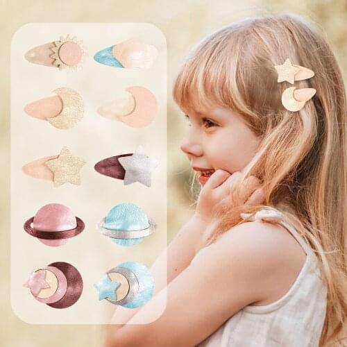 High Quality 6pcs/set Sheep Leather Snap Hair Clips for Girls Kids Stars Moon Sun Pattern PU Hairpins Children Hair Accessories