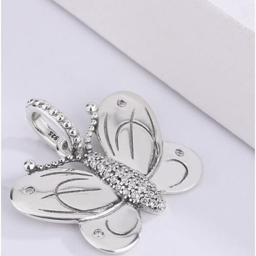 925 Sterling Silver White Zircon Good Lucky Polished Butterfly Pendant Charm Bracelet For Womens Necklace Bangle Bracelet