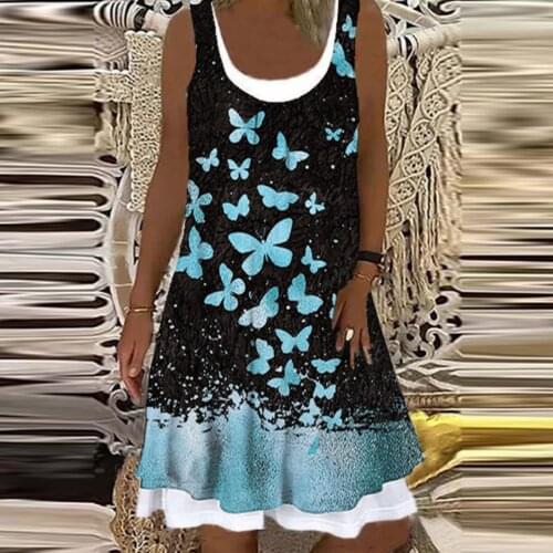 Butterfly Print Loose Dress Women Sleeveless Casual Sundress Round Neck Pullover Tank Dress Summer Beach Wear Cover-up