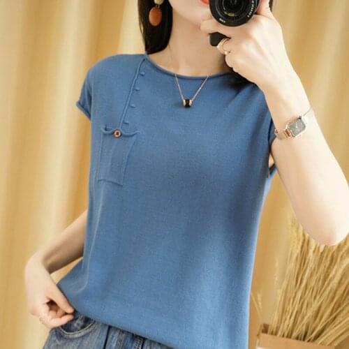 Womens sweater short-sleeved solid color knit top Womens plus size button 100% cotton T-shirt round neck sweater pullover