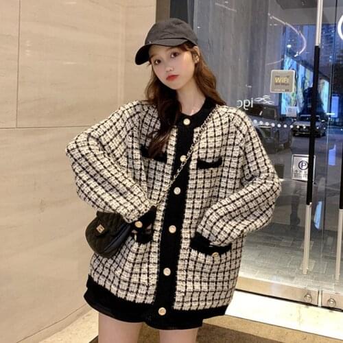 Retro Womens Sweater 2021 Korean Loose Lazy Style Long Sleeve Elegant Chic Lattice Wear Spring Autumn Fashion Knitted Cardigan