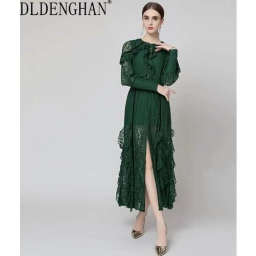 DLDENGHAN Fashion Runway Designer Autumn Lace Dress Women O-Neck Lantern Sleeve Sashes Ruffles Sexy Party Split Long Dresses