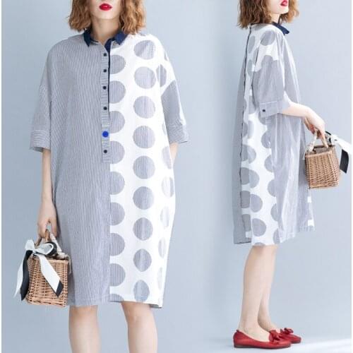 Summer New Patchwork Shirt Dresses For Women Loose Casual Mid-length Turn-down Collar Half Sleeve Dresses Female vestidos