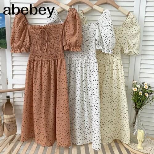 2021 New Summer Women Simple All-match square collar puff sleeve Dress ruched slim lace up solid Dress