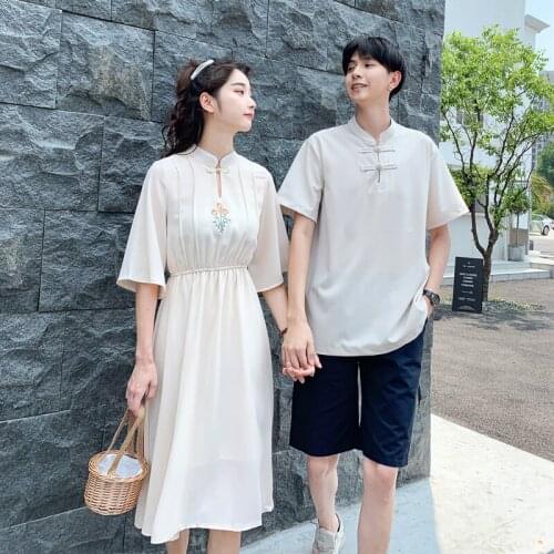 2021 couples wear summer womens short sleeve dress Chinese style short sleeve suit couples clothes couples clothing