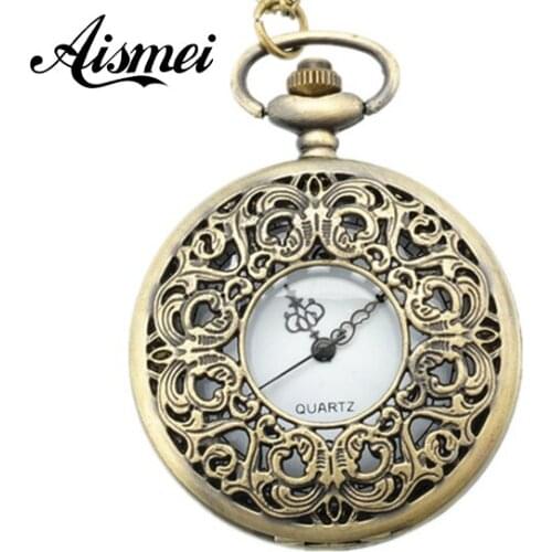 Vintage Antique Pierced Flower Bronze Necklace Pendant Pocket Watch 5pcs/lot