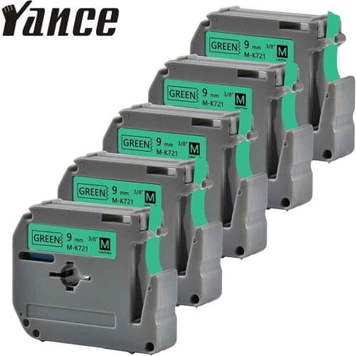 5Packs 9MM label tape Compatible brother mk 721 MK 721 M-K721 Black on green ribbon for brother p touch label maker PT-70 PT-80