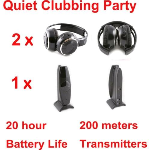 Silent Disco Headset system black folding wireless headphones - Quiet Clubbing Party Package (2 Headphones + 1 Transmitter)