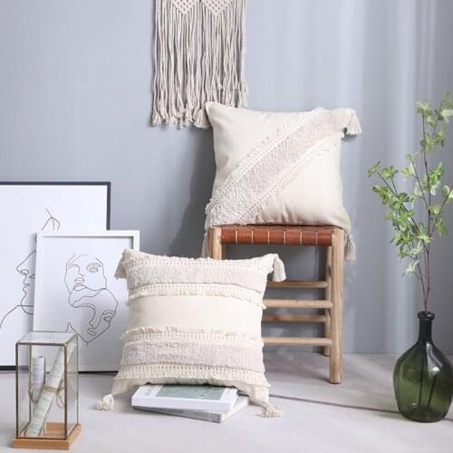 Boho Woven Tufted Pillow Case Morocco Black White Plaid Tassel Cushion Cover N0PA