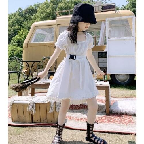 Mihkalev Girl Summer 2021 White Dress With Belt Kids Clothes Girls Cotton Princess Dress Children Birthday Party Tutu Clothing