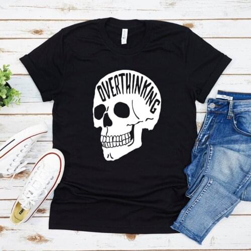 Overthinking T-Shirt Anxiety Skull Tee Sarcastic Shirt Woman Tshirts Summer Short Sleeve Crewneck Tees Casual Tops Goth Clothes