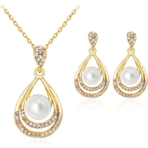 Gold Plated Water-drop Pendant Necklace Dangle Earrings Set Wedding Jewelry For Women