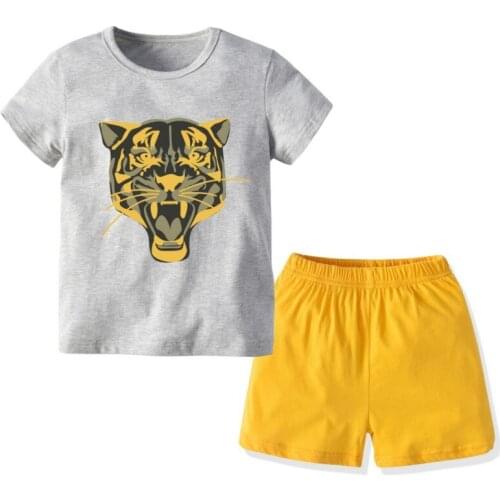 2 PCS Summer Boy Gray Tiger Short-sleeved T-shirt Yellow Shorts 2-piece Casual Home Service