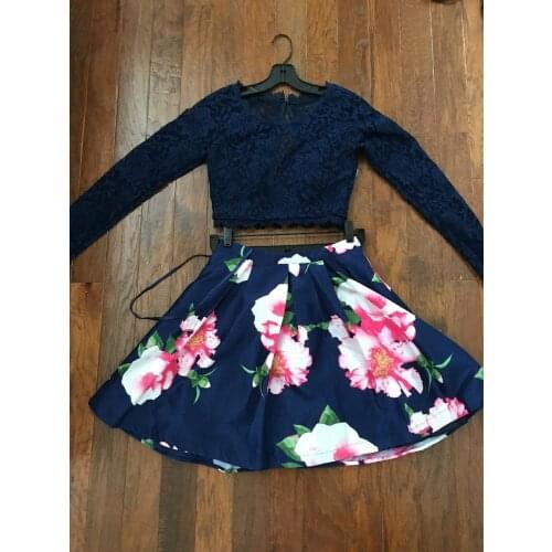 Two Pieces Floral Print Short Homecoming Dress Sheer Long Sleeves Lace Mini Flowers Skirt Prom