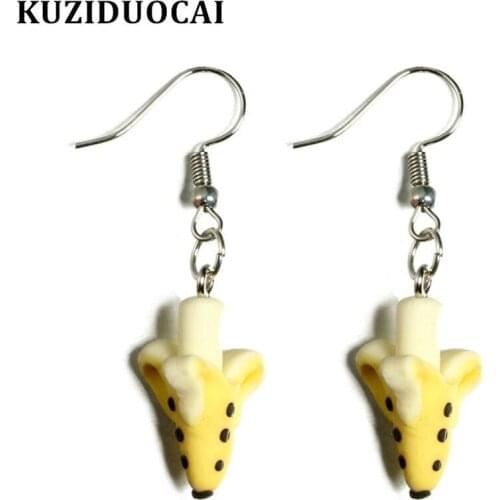 Kuziduocai New Fashion Jewelry Soft Pottery 3D Lifelike Banana Cute Quaint Cartoon Statement Drop Earrings For Women Child Girl