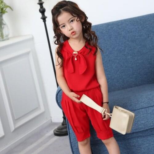 Girls Summer Clothes Sets Childrens Clothing Suit Sleeveless T-shirt + five-point pants Girl Chiffon Two Pieces Sets Kids Suits