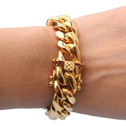 New Design Stainless Steel Hip hop Mens Curb Cuban Chain Bracelets Bangle Dragon Square Lock Clasp Jewelry 8/10/12/14MM