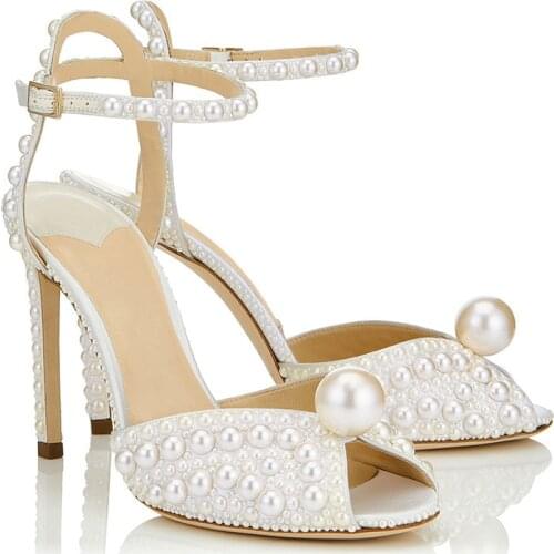 Charming Women Glossy Big Pearl Sandals Ankle Strap Full Pearl Studs Wedding Shoes Stiletto Heel Peep toe Evening Dress Shoes