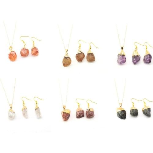 Pure Natural Amethyst Gold Edge Necklace and Earrings Jewelry Set Crystal Stone Pendant Necklace with Gold Chains for Women Gift