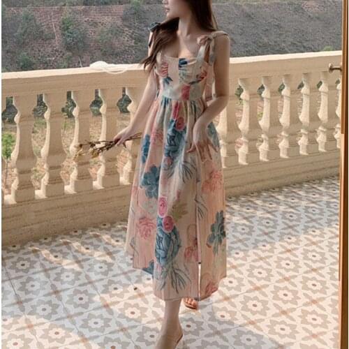 Strap Dress Polyester Thick Shoulder Strap Retro Floral Printting Long Dress for Summer A66