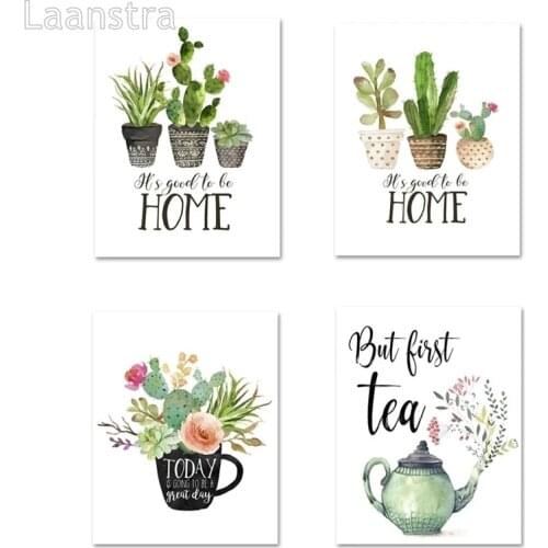 Botanical Cactus Print Home Sweet Home Sign Quote Wall Art Painting Kitchen Decor Tea Poster Nordic Wall Picture for Living Room