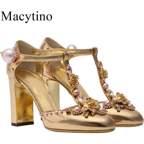 Luxurious Gems Pearl Pumps Crystal Decor Woman T- strap Shoes Rhinestone Gladiator Autumn Gold Covered Toe Chunky Heel Pumps