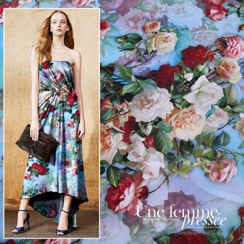 Custom Rose Printing Blue 19 MM Digital Spray / Painting Elastic Satin Silk Fabric for Summer Three-dimensional Cheongsam Shirt