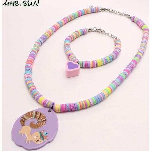 MHS.SUN Colorful Beads Necklace Bracelet Forest Style Squirrel Pendant Soft Polymer Clay Jewelry Set For Child Kids New