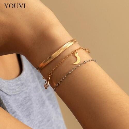 YOUVI 3Pcs/Set Fashion Sexy Snake Tennis Chain Bracelet Hand Boho Punk Moon Pedant Bangles Bracelets for Women Jewelry Charm