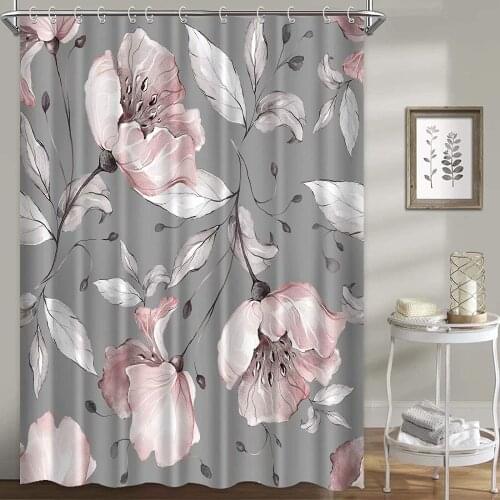 Floral Shower Curtains for Bathroom, Pink Rose Flowers Shower Curtain Set Grey Background Fabric Waterproof Washable
