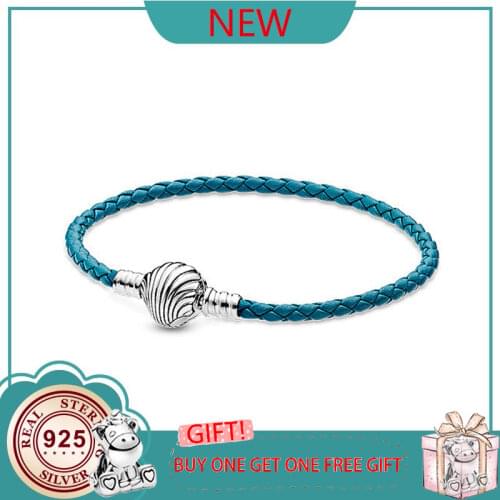 100% 925 Silver New Ocean Series Braided Leather Shell Fashion Charm PAN Bracelet Womens Wedding Holiday Gift Diy Jewelry
