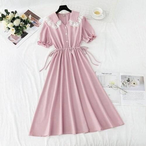 Lace Doll collar Dress Women Short sleeve Vintage Sweet A-line Chiffon Summer Dress 2021 Drawstring Slim High waist Vestidos
