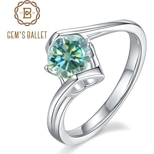 GEMS BALLET 925 Sterling Silver Green Moissanite Ring 1.0Ct 6.5mm Round Modern Bypass Moissanite Engagement Ring For Women