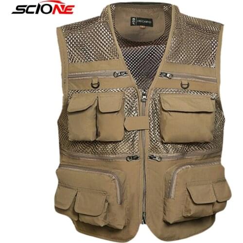 Men Army Green Fishing Vest Khaki Multi Pocket Mesh Vest Mens Hunter Fisherman Clothig Multipurpose Sleeveless Jacket XA78G