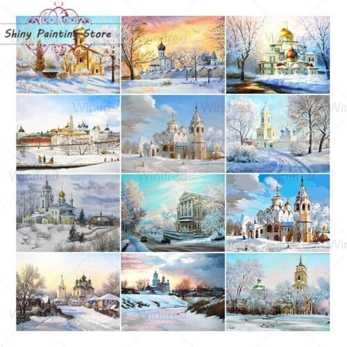 Diamond Painting Full Square Round Diamond Castle Scenery 5D DIY Diamond Embroidery Winter Russian Landscape Picture Rhinestone