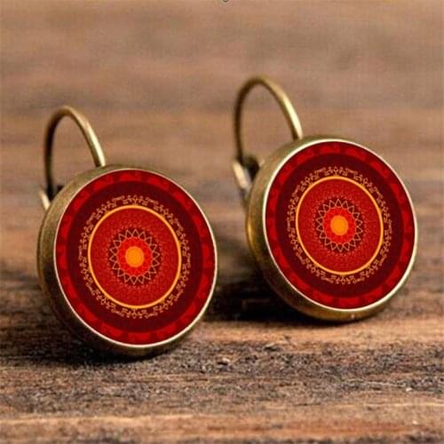Antique Gold Color Glass Cabochon Stud Earrings Charms Red Done Mandale Flower Pendientes Earrings Gifts