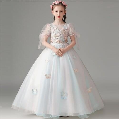 Children Girls High Quality Western Style Embroidery Butterfly Birthday Wedding Party Princess Fluffy Costumes Ball Gown Dress