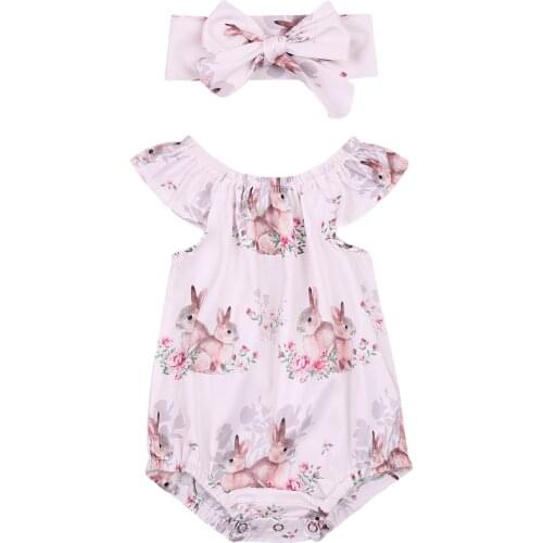 Infants Two Piece Set Baby Girls Easter Rabbit Printed Romper Crotch Button Ruffled Collar Bodysuit Hair Band