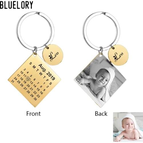Bluelory Custom Engrave Date Photo Name Calendar Keychain Gold Stainless Steel Customized Keyring For Lover Friend Family