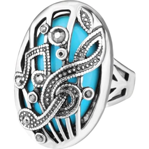 FYJS Unique Silver Plated Alloy Musical Note Finger with Rhinestone Ring Oval Blue Resin Jewelry