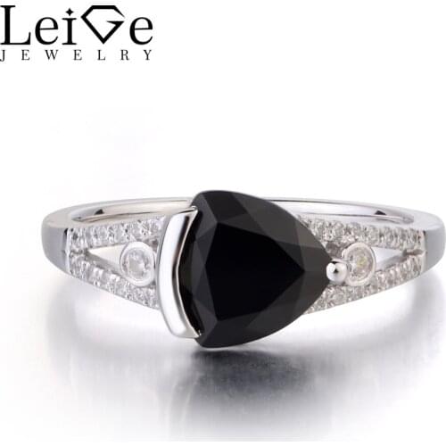 Leige Jewelry Real Natural Black Spinel Solid 925 Sterling Silver Ring Black Gemstone Trillion Cut Anniversary Rings for Women