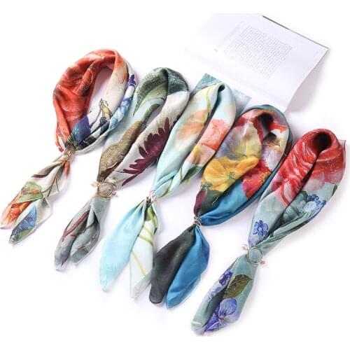 Square Scarf Hair Tie Band For Print Flower Bird Women Brand Scarf Elegant Small Vintage Skinny Retro Head Neck Silk Satin Scarf
