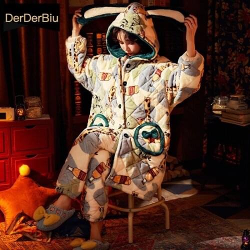 Cartoon Anime Pajamas Rabbit Ears Pajama For Women Hooded Flannel Winter Sleepwear Set 3-Layer Pyjamas Thick Ladies Home Clothes