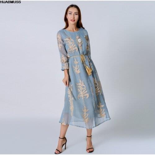 Muslim Abaya Flower Embroidery Dress Dubai Middle East Muslim Womens Wear Plain Dress Kaftan Islamic Clothing India Gown Robe