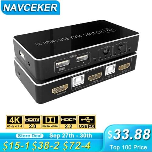 Navceker HDMI KVM Switch 2 Port 4K USB Switch KVM HDMI Switcher Splitter Box for Sharing Printer Keyboard Mouse KVM Switch HDMI