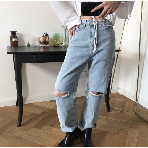 Obrix Spring Summer Ripped Loose Type Casual Style High Waist Light Fashionable Female Jeans