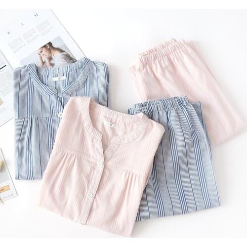 Fdfklak 2021 New Korean Spring Summer Trouser Suit Women Striped Pyjamas Cotton Pj Pajamas Set Long Sleeve Home Clothes