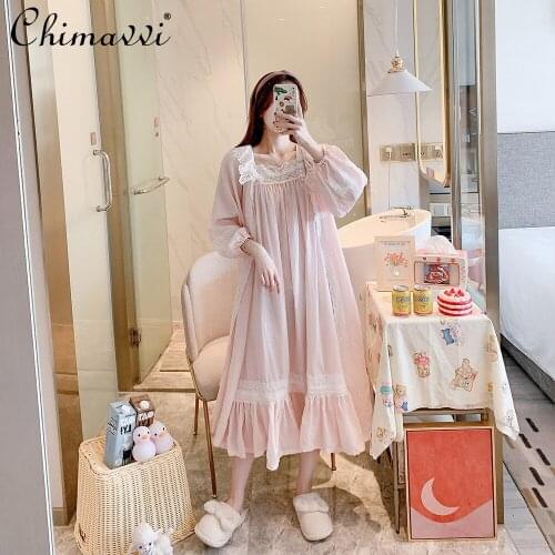Fairy Pajamas Sets for Women Spring/Autumn Cotton Long Sleeves Princess Style Nightdress Lace Sweet Cute Robe Nightgown 3 Colors