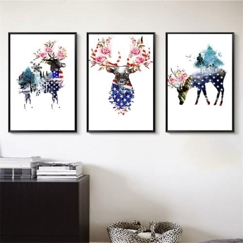 Flower Animal USA Flag Banner Deer Zebra Giraffe Canvas Painting Nordic Posters and Print Wall Art Picture for Living Home Decor
